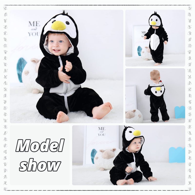 MICHLEY Unisex Baby Hooded Romper Winter Flannel Jumpsuit 30-36months, Cartoon Cosplay Costume, Penguin - Image 4